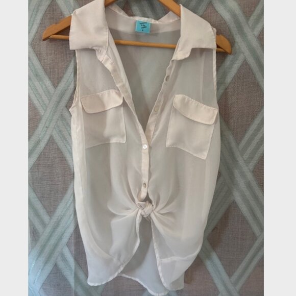 White Sheer Button Down Sleeveless Top with Abalone Buttons - Picture 5 of 5